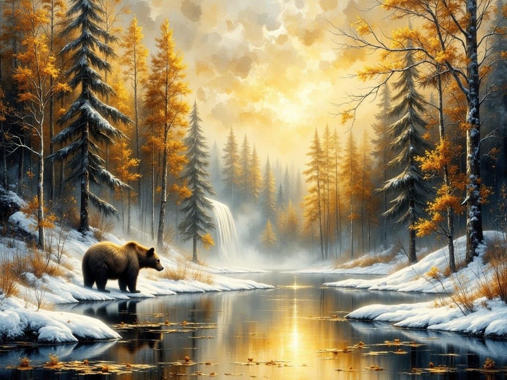 Bear in Misty Pine Forest Before Hibernation