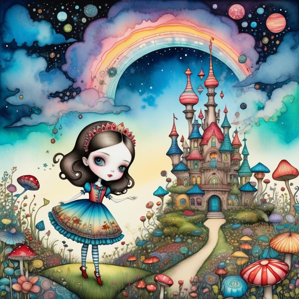 Surreal Garden Girl in Watercolor and Ink