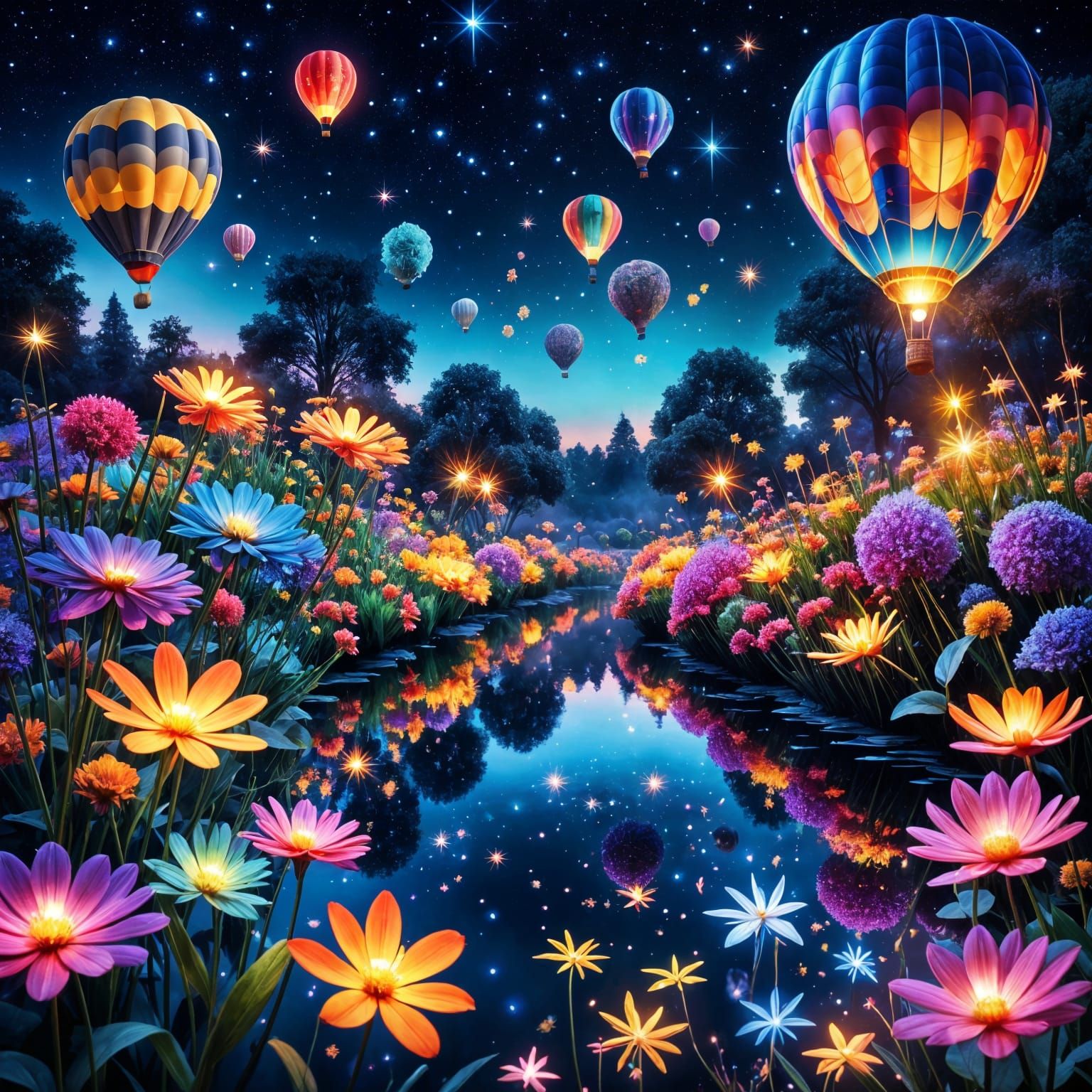 Surreal Nighttime Garden of Wonders in Vibrant Neon