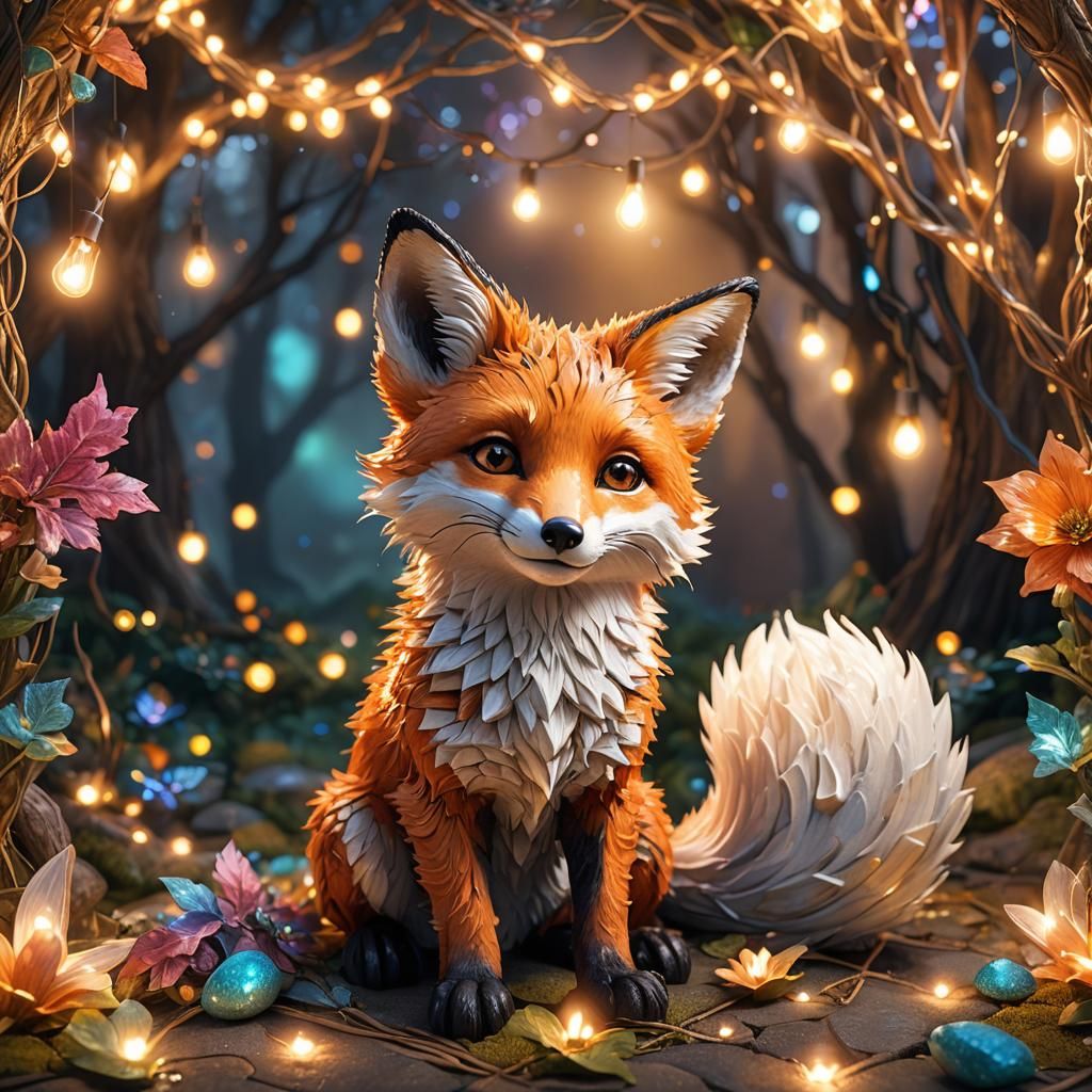 Detailed Fantasy Fox Portrait in Fairy Lighting