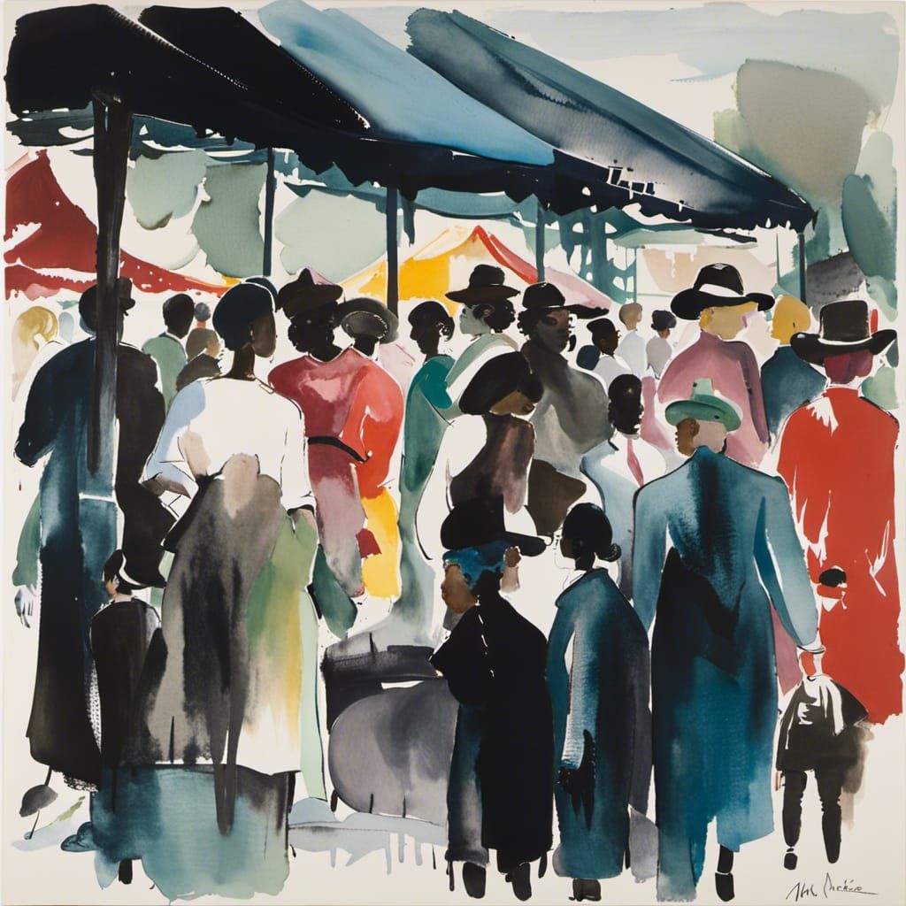Art by Marlene Dumas, bustling marketplace, expressive water...