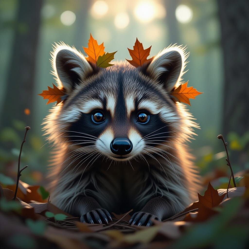Hyper-Realistic Raccoon in Forest with Leaf Nimbus