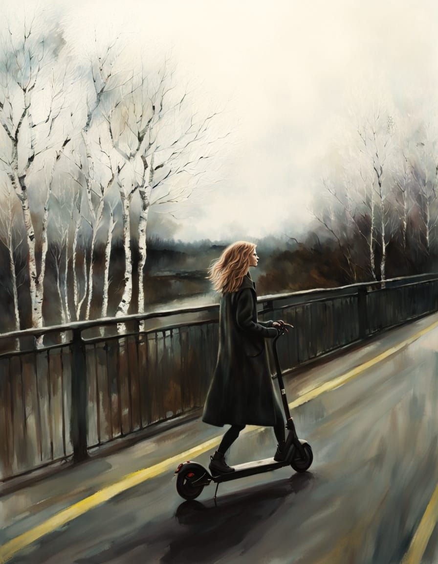 Girl on E-Scooter on Bleak November Bridge