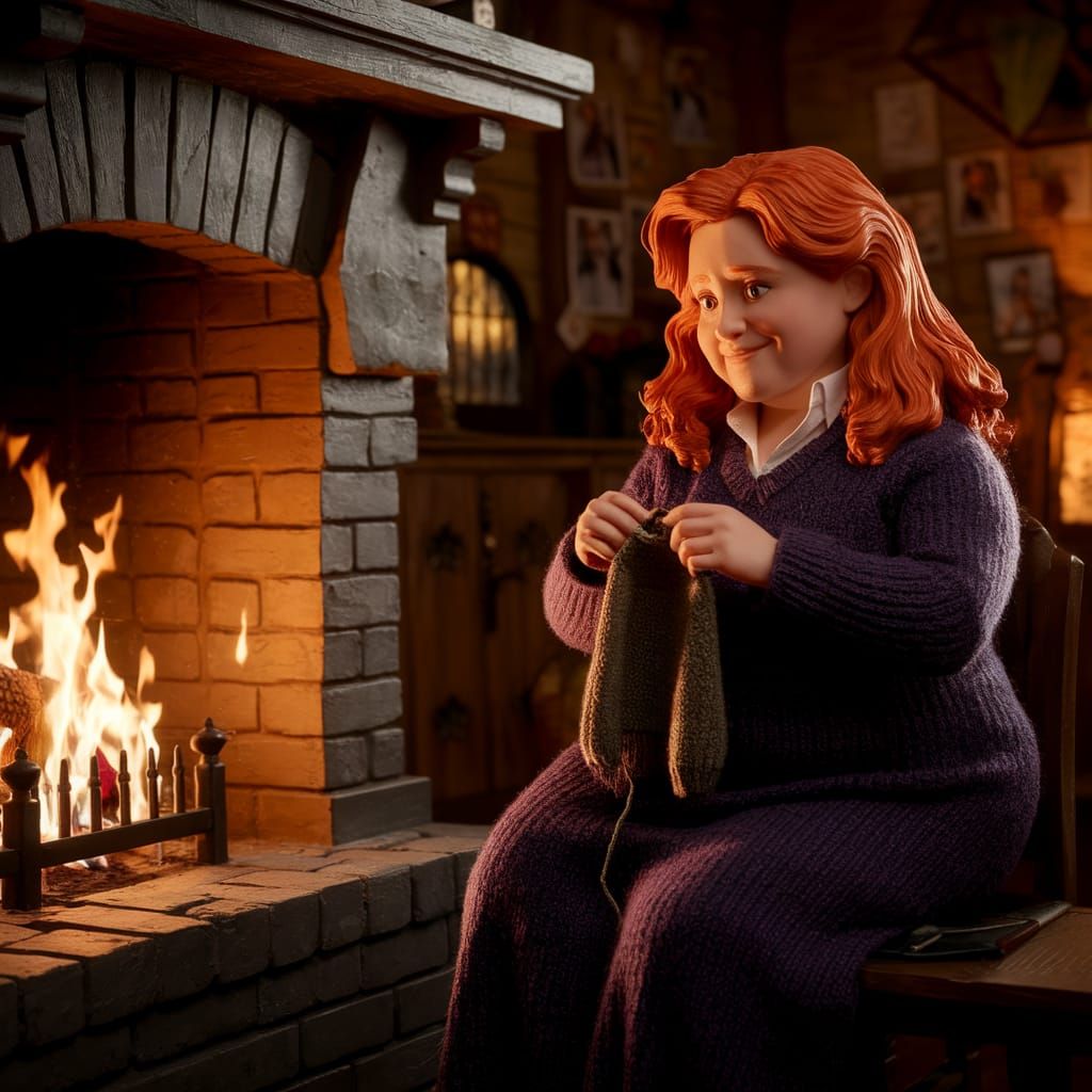 Molly Weasley Knitting in The Burrow's Warm Corner