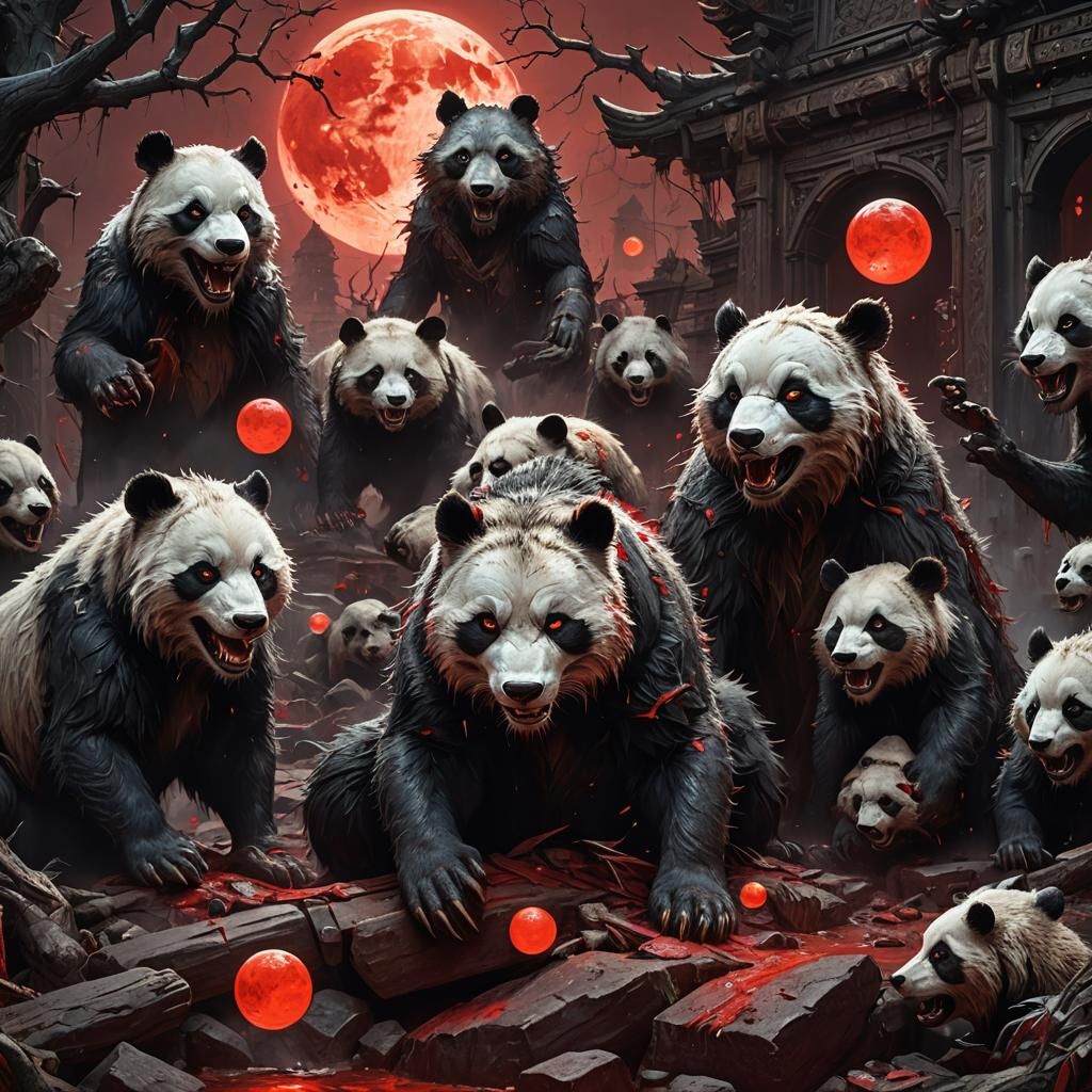 Wolf-Panda Under Red Moon: Horror Fantasy Art