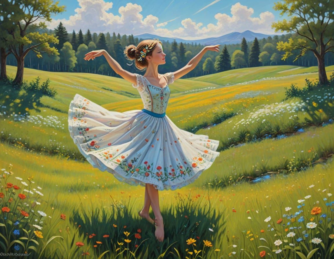 Whimsical Folk Art Dancer in a Sunny Meadow
