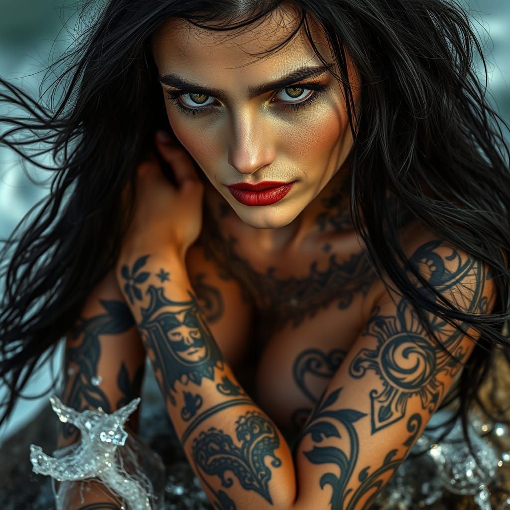 Mysterious Sorceress in Turbulent Seas at Sunrise