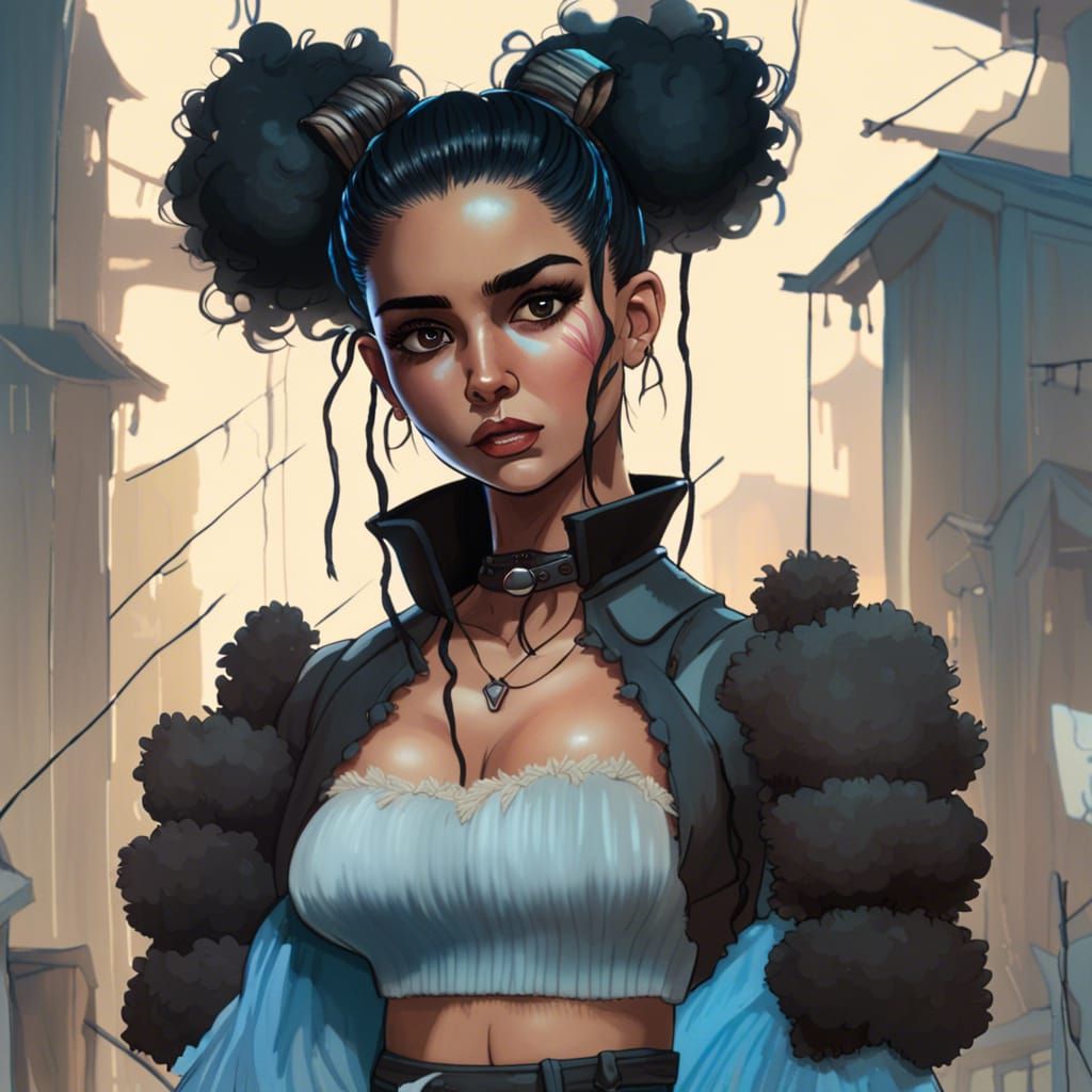 Woman with Black Hair in Fluffy Buns