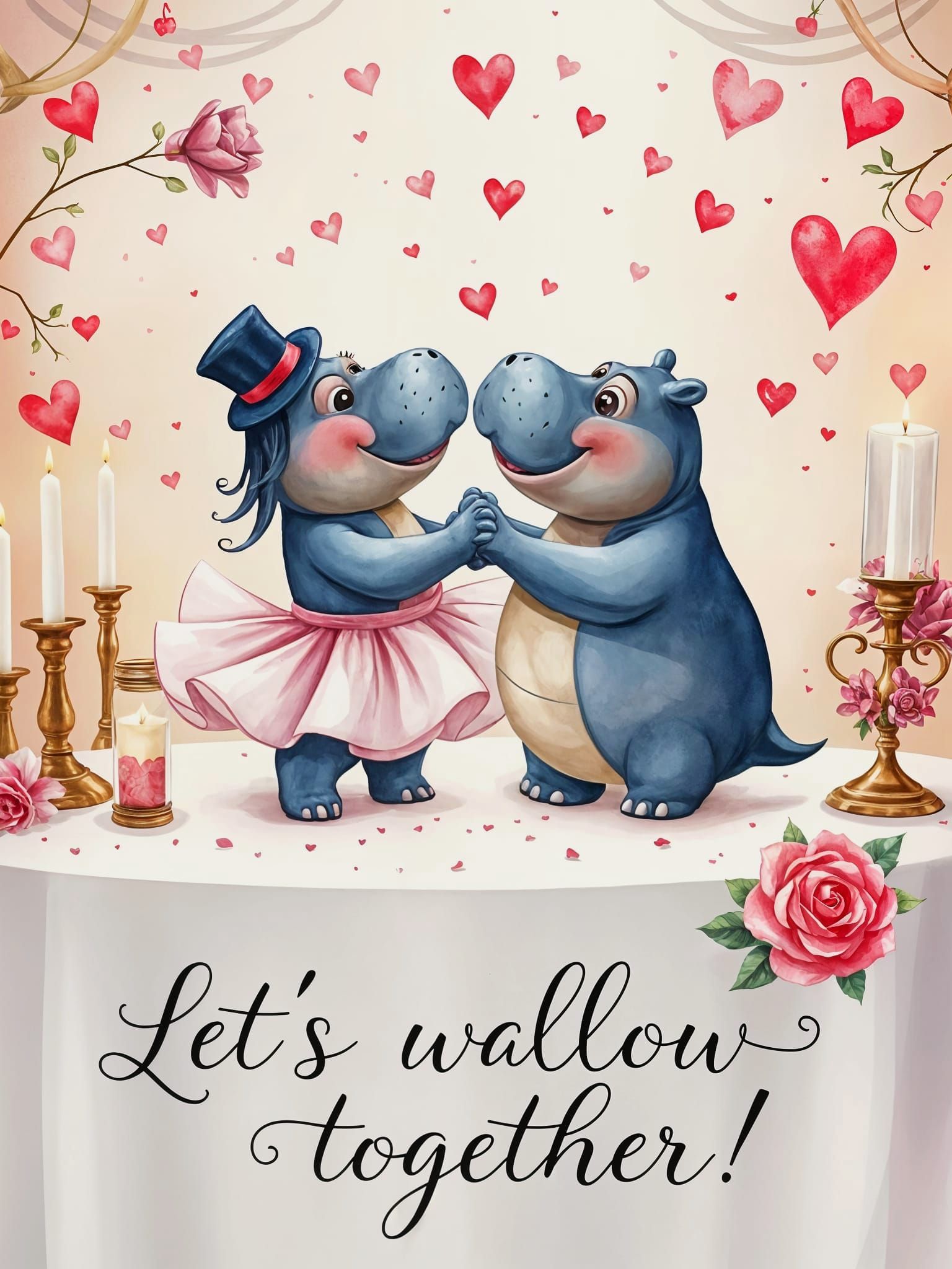 Romantic Hippos Tango in Whimsical Watercolour