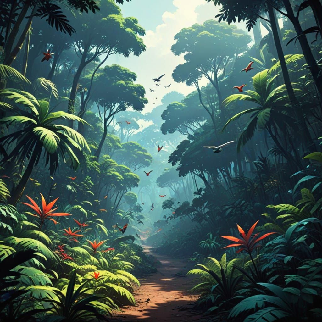 Surreal Tropical Forest Scene in Anime Style