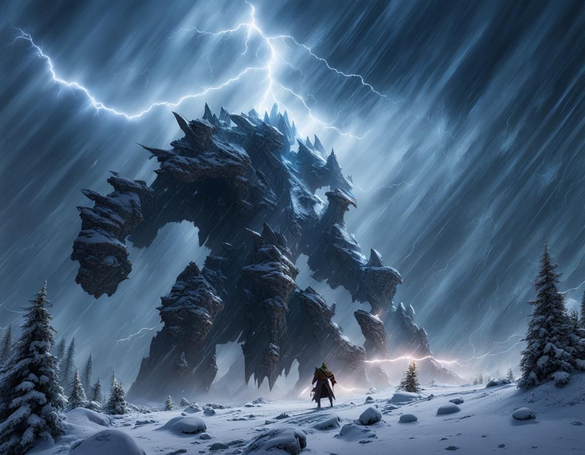 Giant in Snowstorm: Detailed Matte Painting