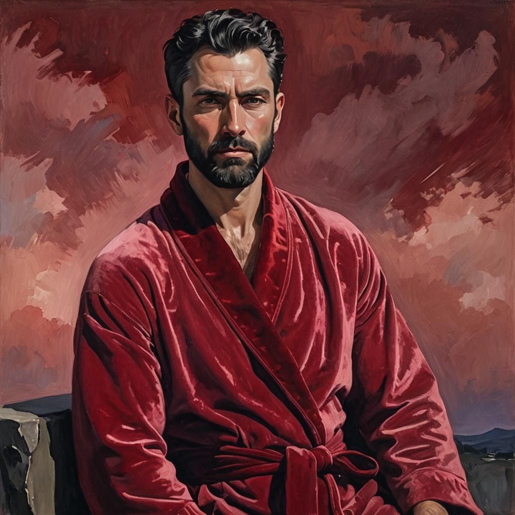 Bearded Man in Red Velvet Robe: Gouache Impressionism