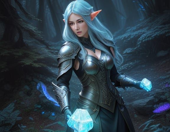 Elven Warrior in Bioluminescent Cave - Fantasy RPG Art