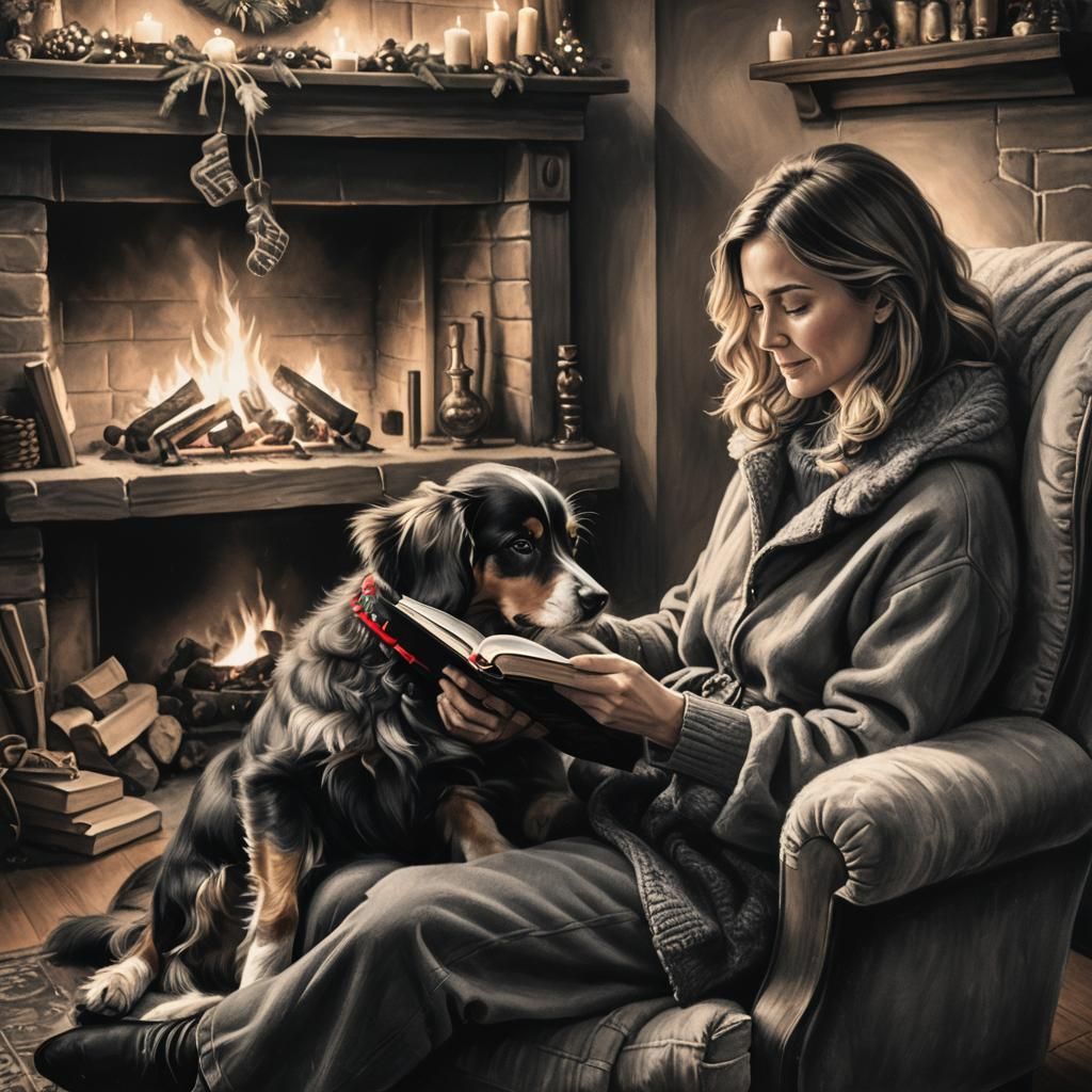 Cozy Charcoal Drawing of Woman Reading by Fire