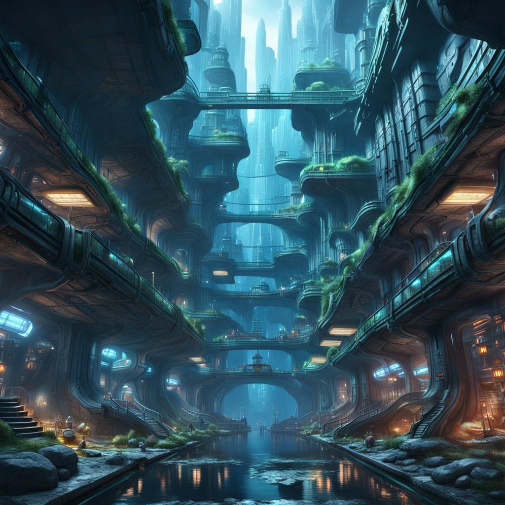 Futuristic Underground City in Detailed Matte Painting