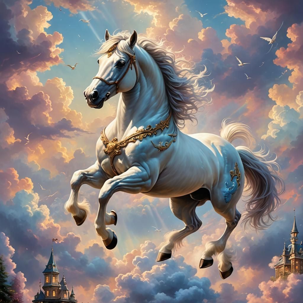 Majestic Flying Horse in Ethereal Fantasy Clouds