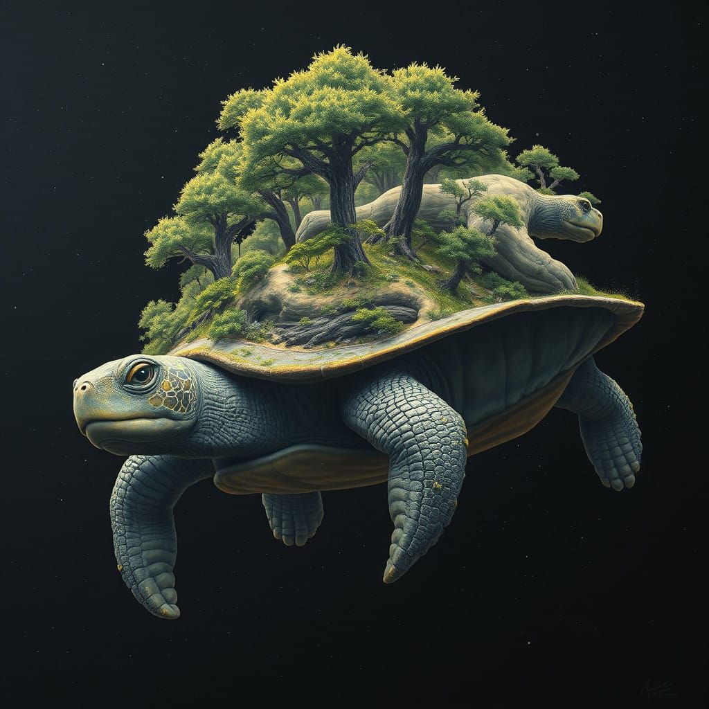 Giant turtle floating in space with a forest on its back