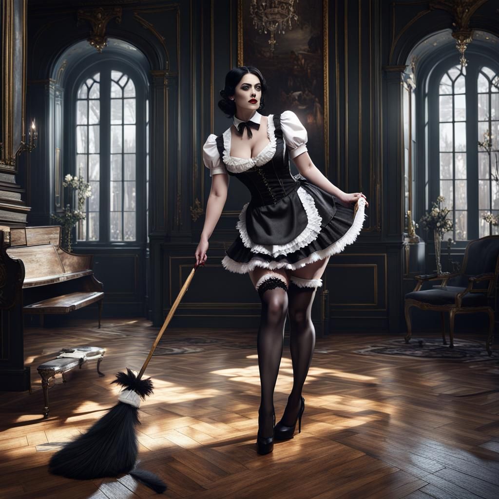 French Maid in Goth Style in Old Mansion