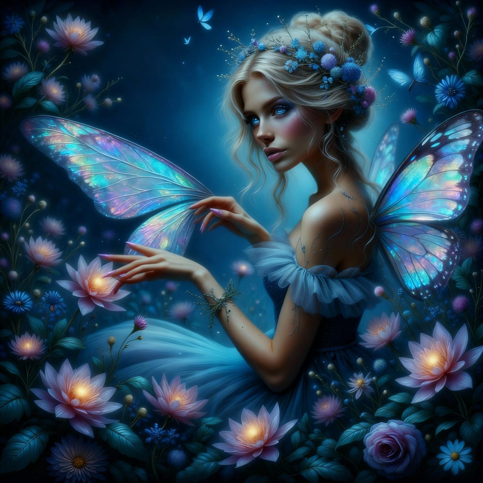 Blond Fairy Princess Among Flowers