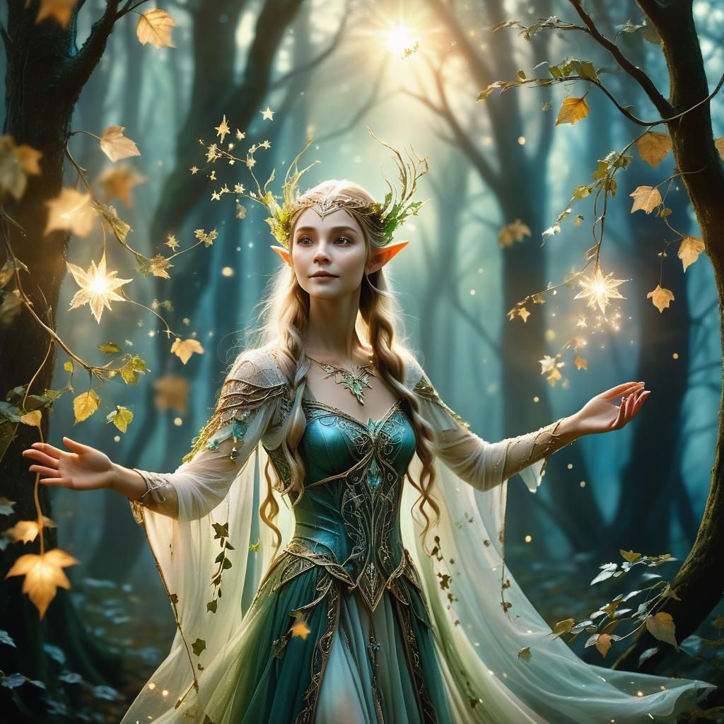 Elven Maiden in Twilight Forest, Fantasy Art