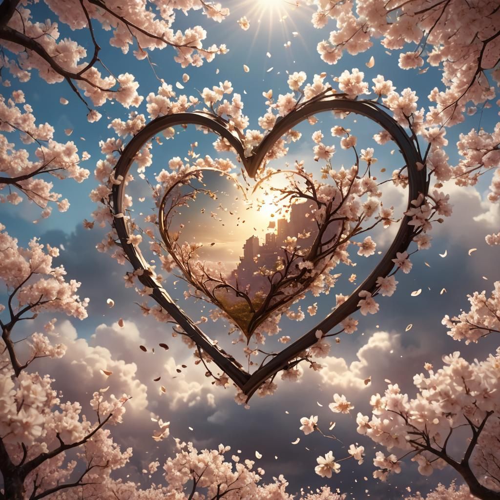 Glowing Heart with Cherry Blossoms, Digital Masterpiece