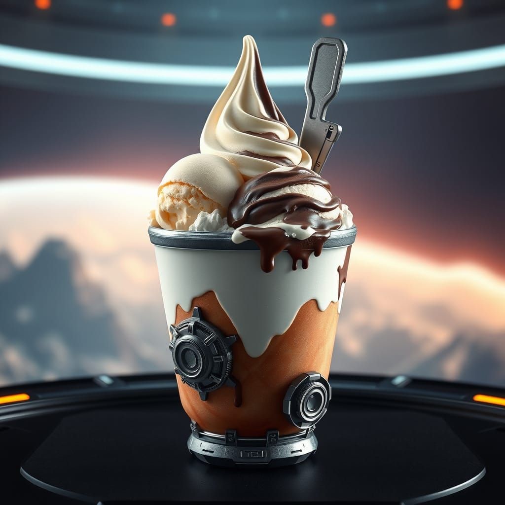 Mechanical Ice Cream Sundae in Sci-Fi Setting