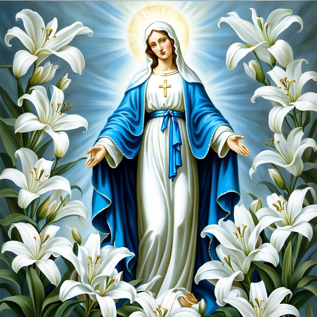 Virgin Mary with Lilies in Prayer Card Style