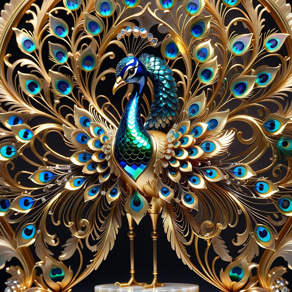 Iridescent Glass Peacock Automaton in Futuristic Style