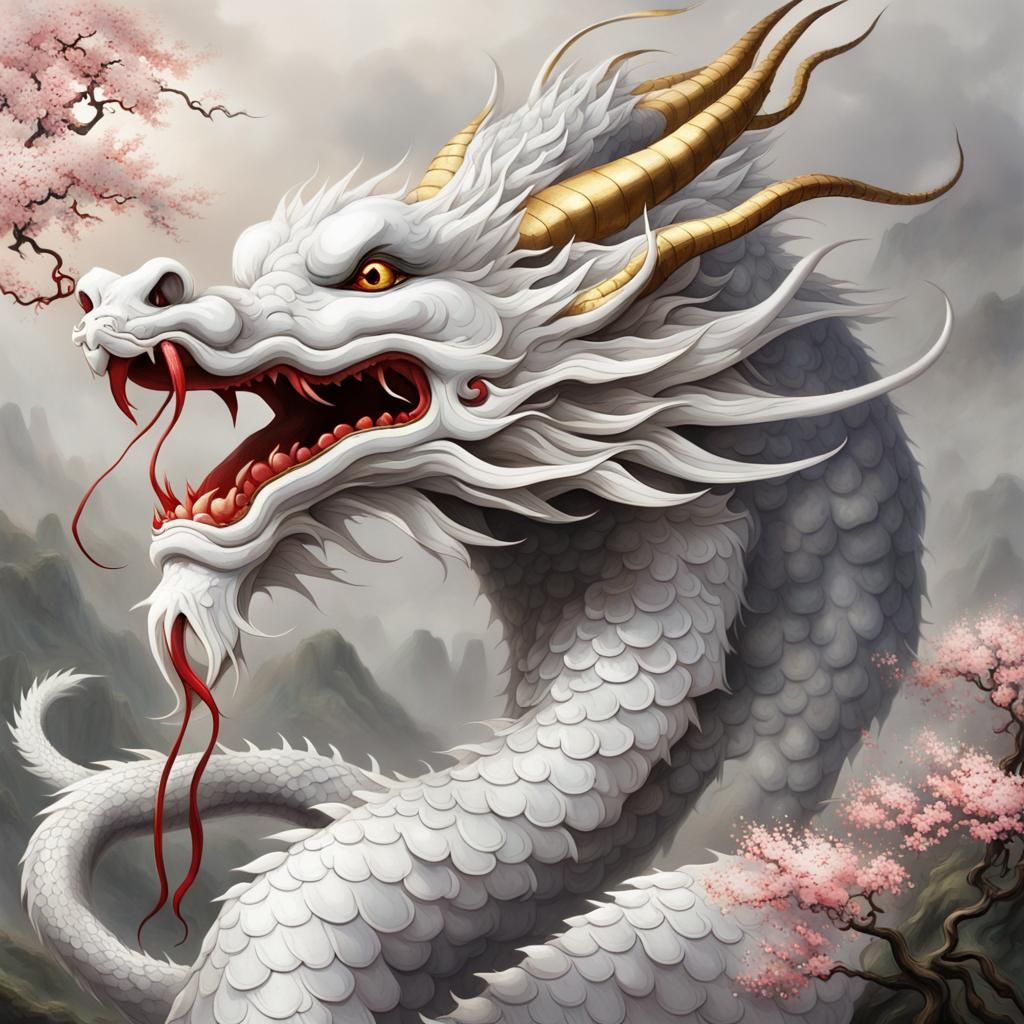 White Chinese Dragon with Temple, Sinister Art