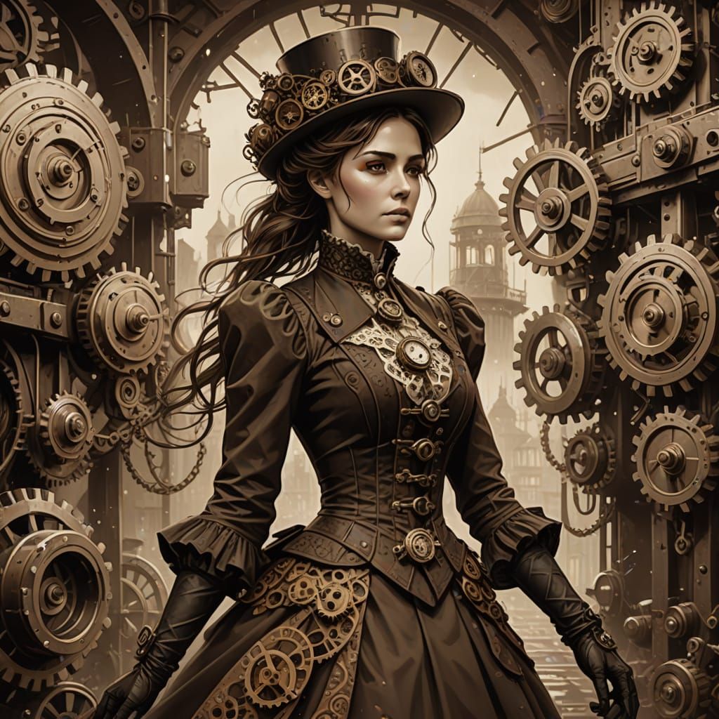 Steampunk Victorian Woman Escapes Through Digital Gears