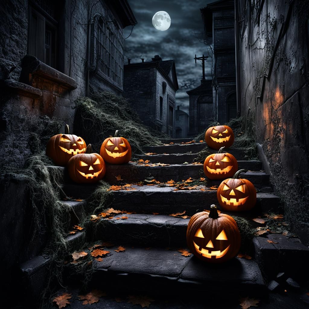 Eerie Halloween Pumpkins in a Chilling Setting