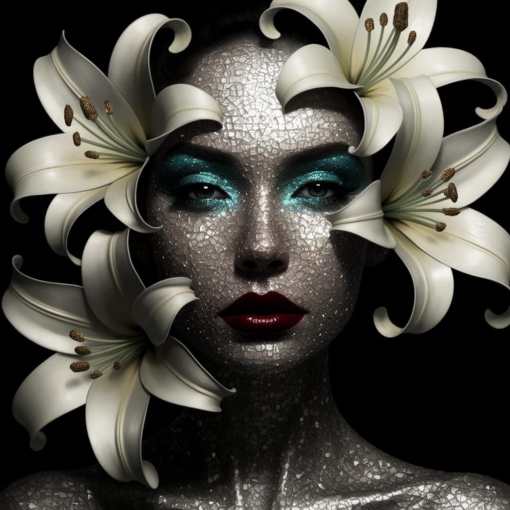 Surreal Portrait of a Woman with Elegant Lilies in Ornate St...