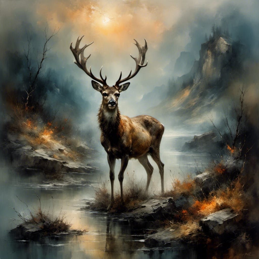 Romantic Deer Landscape at Sunset in Oil