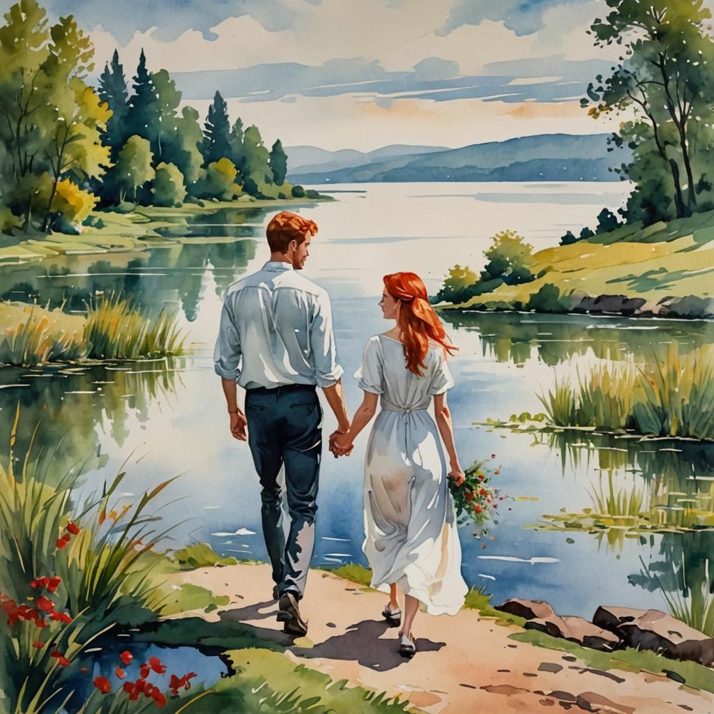 Lakeside Couple in Gouache Watercolor Style