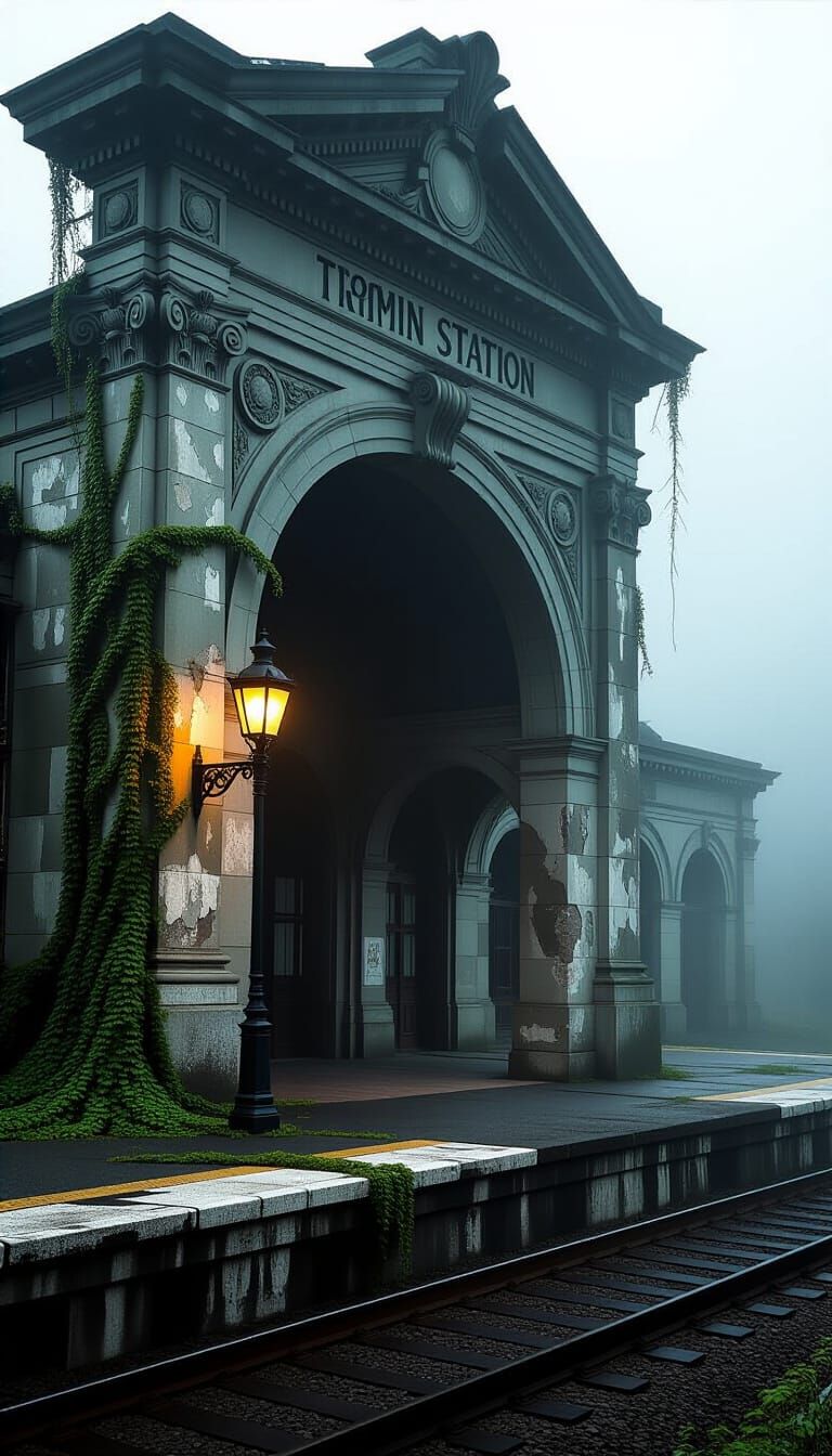 Abandoned Art Deco Train Station Facade in Ethereal Fog