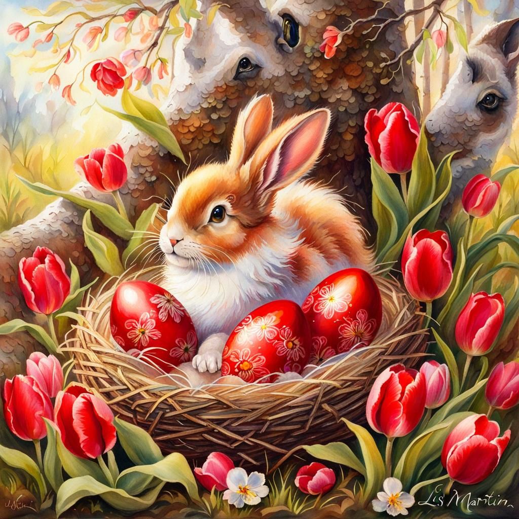 Red Easter Eggs with Bunny in Whimsical Painting