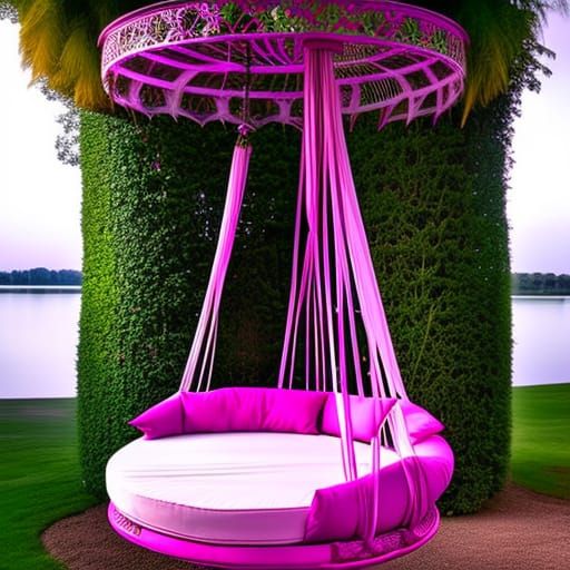 Magenta pink Gothic Round Swing Bed with Pergola Roof and Planters& gothic vibes& ethereal vibes& magical vibes& dark fa...