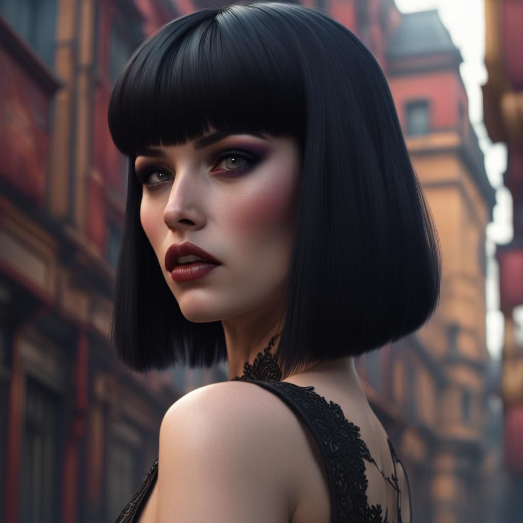 Petite Goth in Black Shorts: Detailed Matte Painting