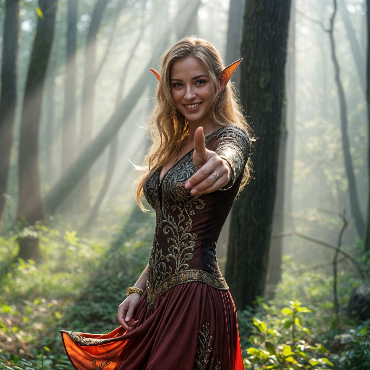 Enchanting Elf Maiden Radiates Joy in Vibrant Forest Setting