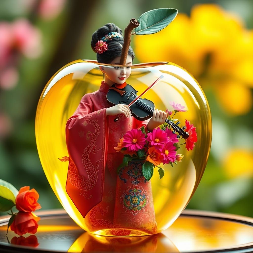 Glass Apple Macro Photo with Girl Playing Violin