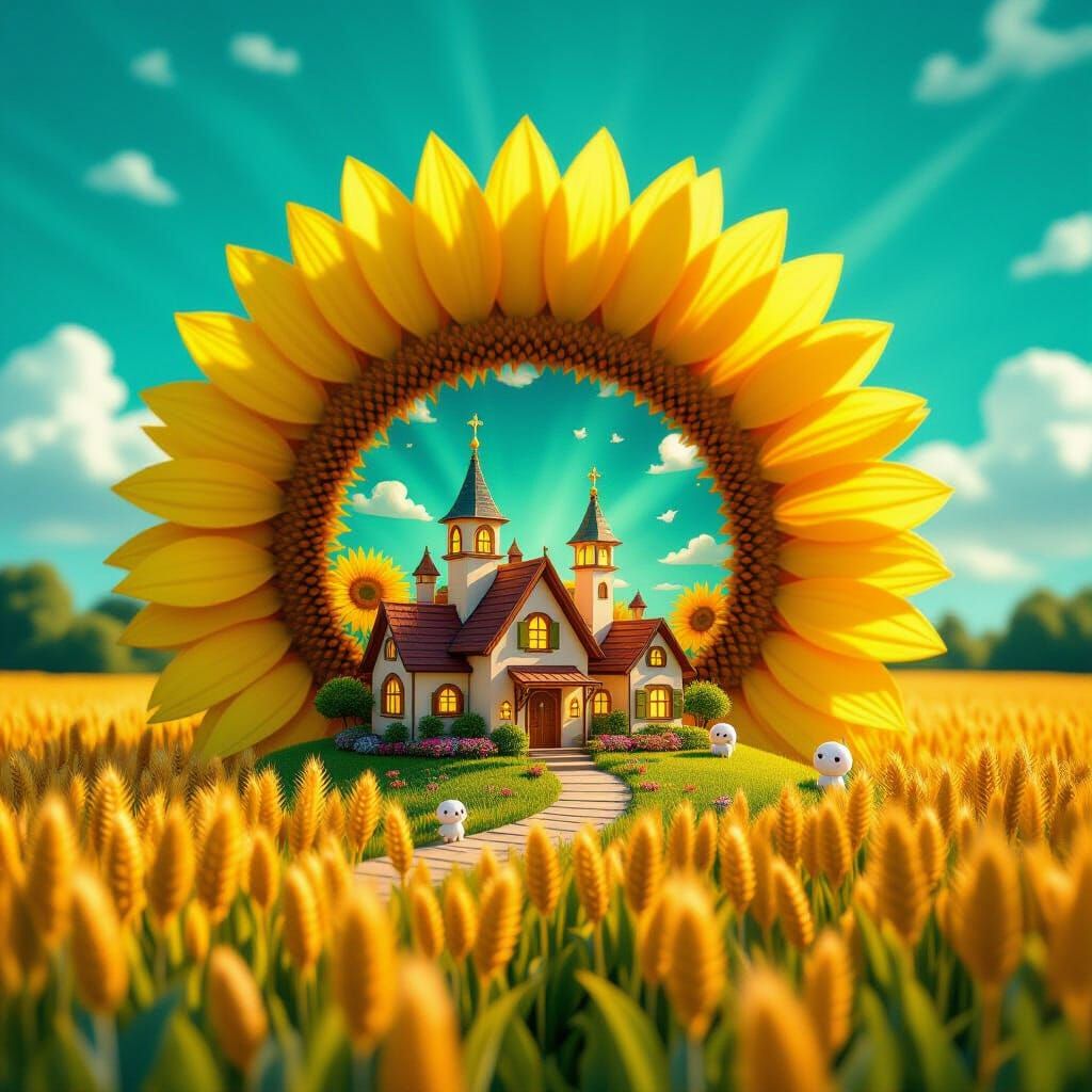 Glowing Village in Bioluminescent Sunflower, Anime Style