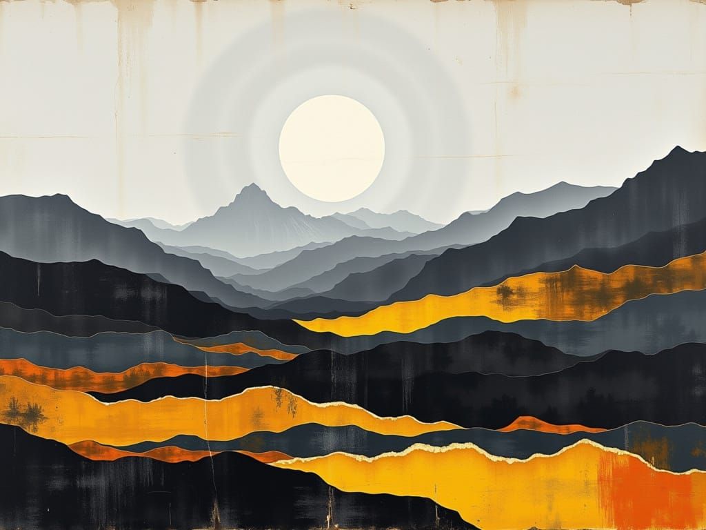 Mixed Media Oil Painting of Mountainscape with Fragmented Vi...