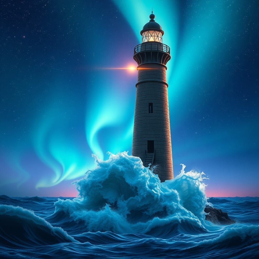 Majestic Lighthouse in Starry Night Sky with Worn Stone Text...