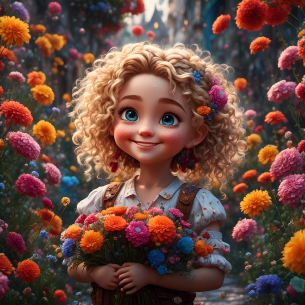 Adorable Blond Girl with Flowers, Digital Painting