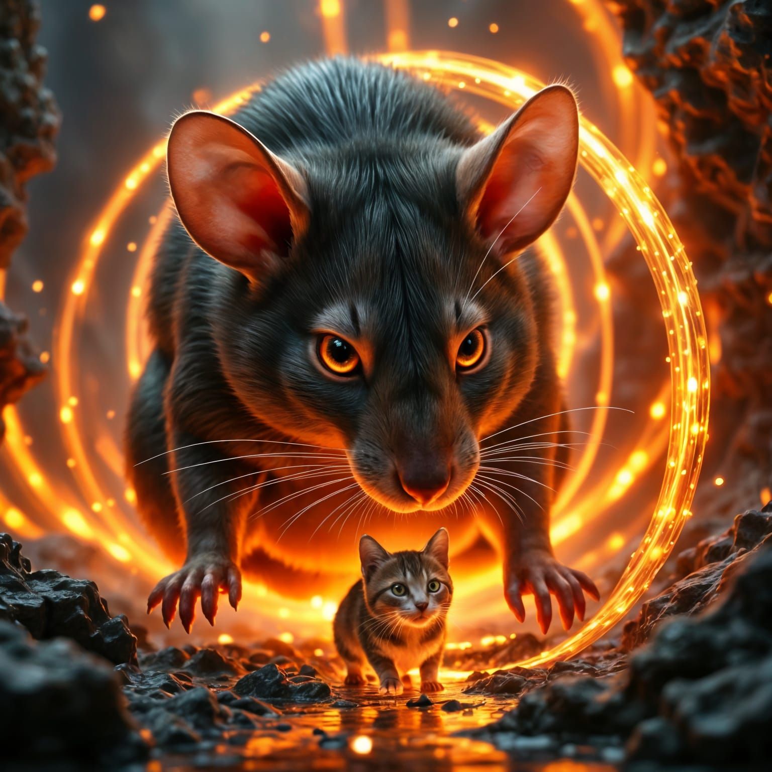Hyperrealistic Lava Battle Between Mouse and Cat