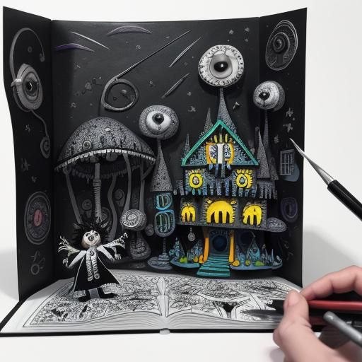 Whimsical 3D Pop-Up Book Scenes in Charcoal Style