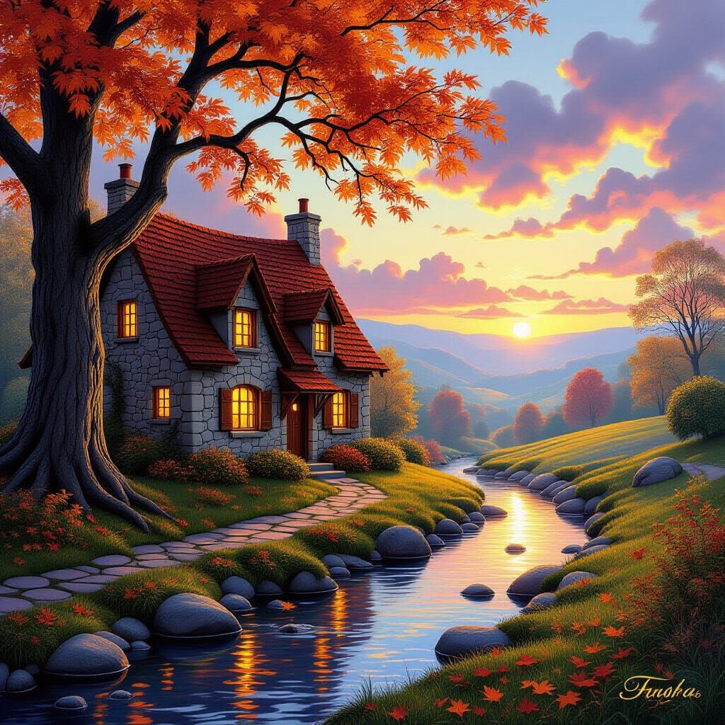 Enchanting Autumn Cottage Scene with Golden Light
