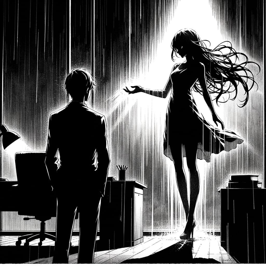 Manga Panel: Backlit Woman Offers Hand in Dramatic Rain Scen...