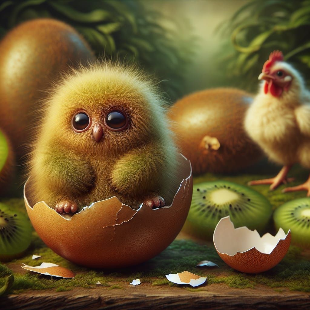 an anthropomorphized, highly detailed image of a kiwi fruit. The kiwi fruit has fluffy, soft fur and large, round eyes a...