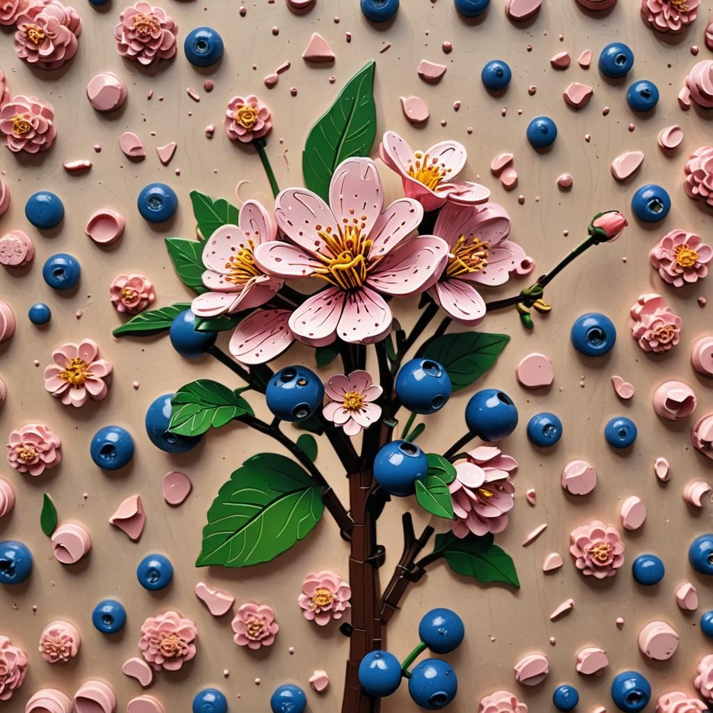 Hyperrealistic Lego Cherry Woodcut Flower Splash Art